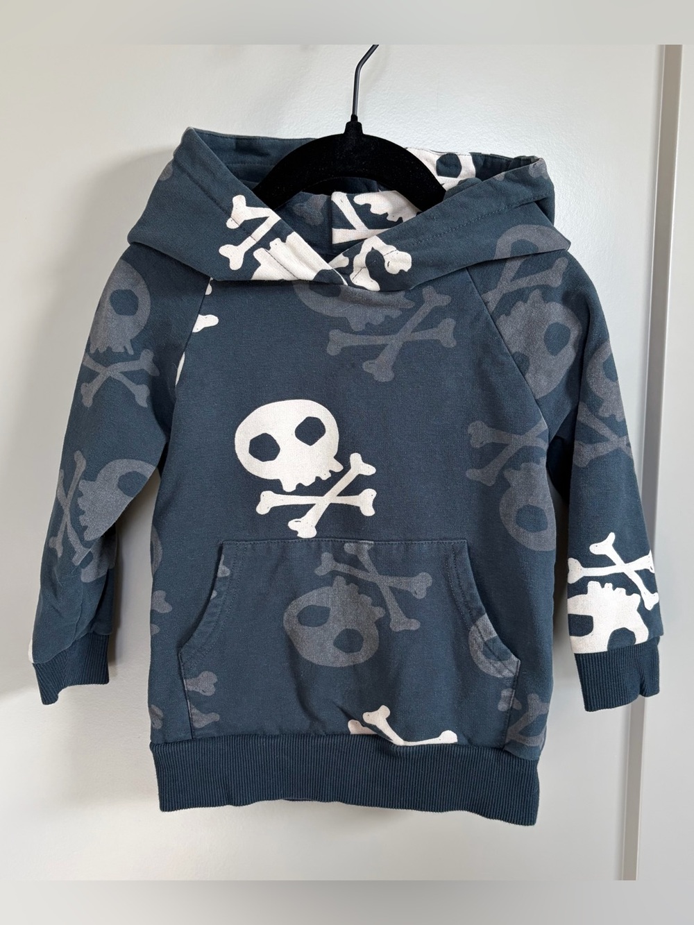 Kids Skull Print Hooded Pullover Sweatshirt - Black